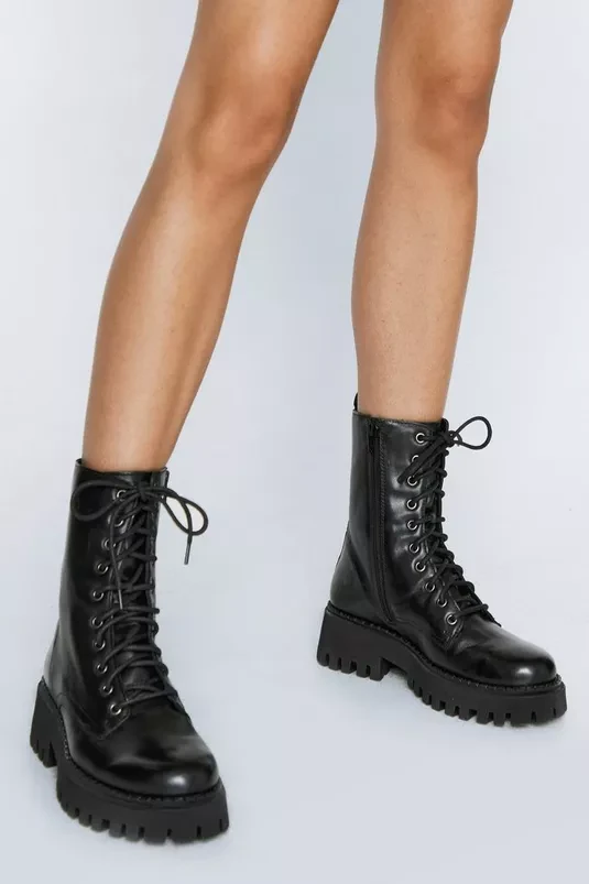 Real Leather Chunky Lace Up Biker Boot
